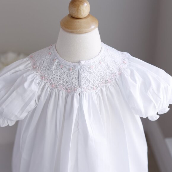 White Smocked Dress Bishop Float Feltman Brothers Pink Bullion Embroidery - Picture 5 of 6